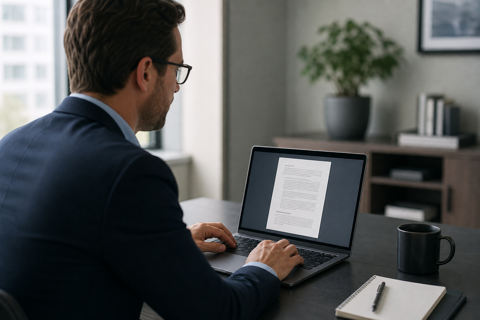 Corporate Professional Reviewing Documents On Laptop