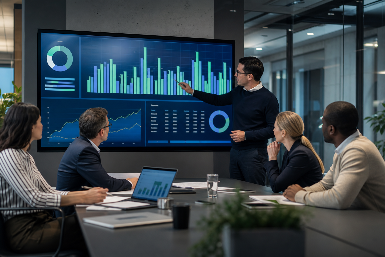 Financiers Analyzing Budget Dashboard In Corporate Office