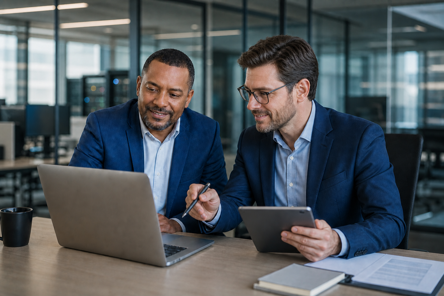 IT Managers Reviewing Digital Assets With Smiling Colleagues