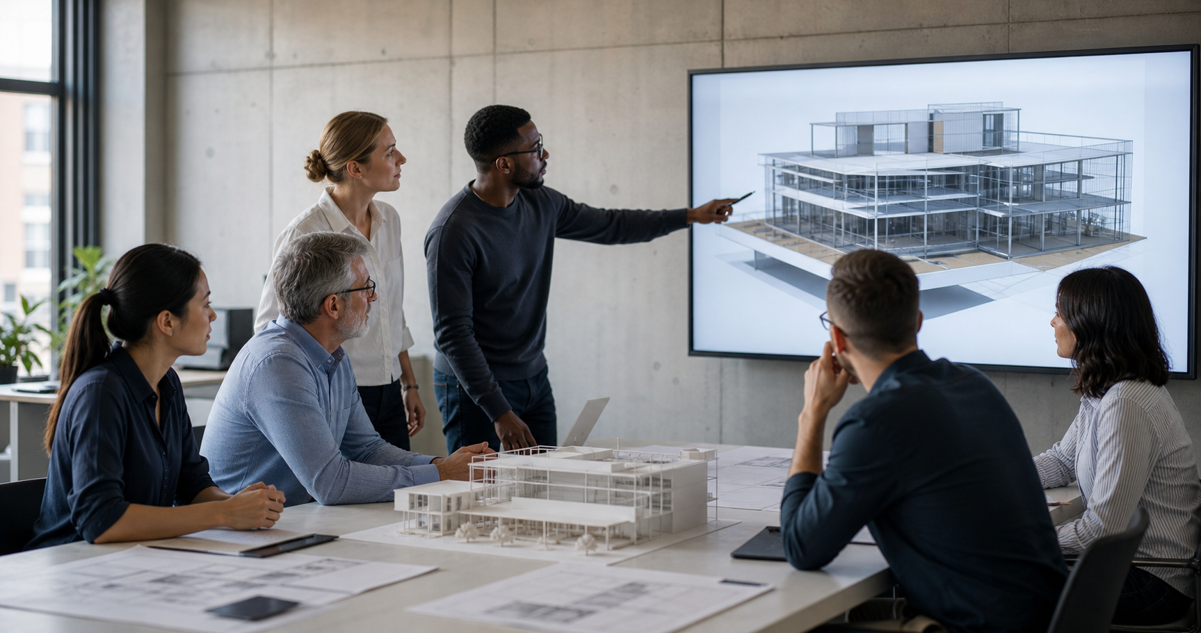 Profesionales de arquitectura colaborando en un proyecto BIM mediante herramientas Autodesk.