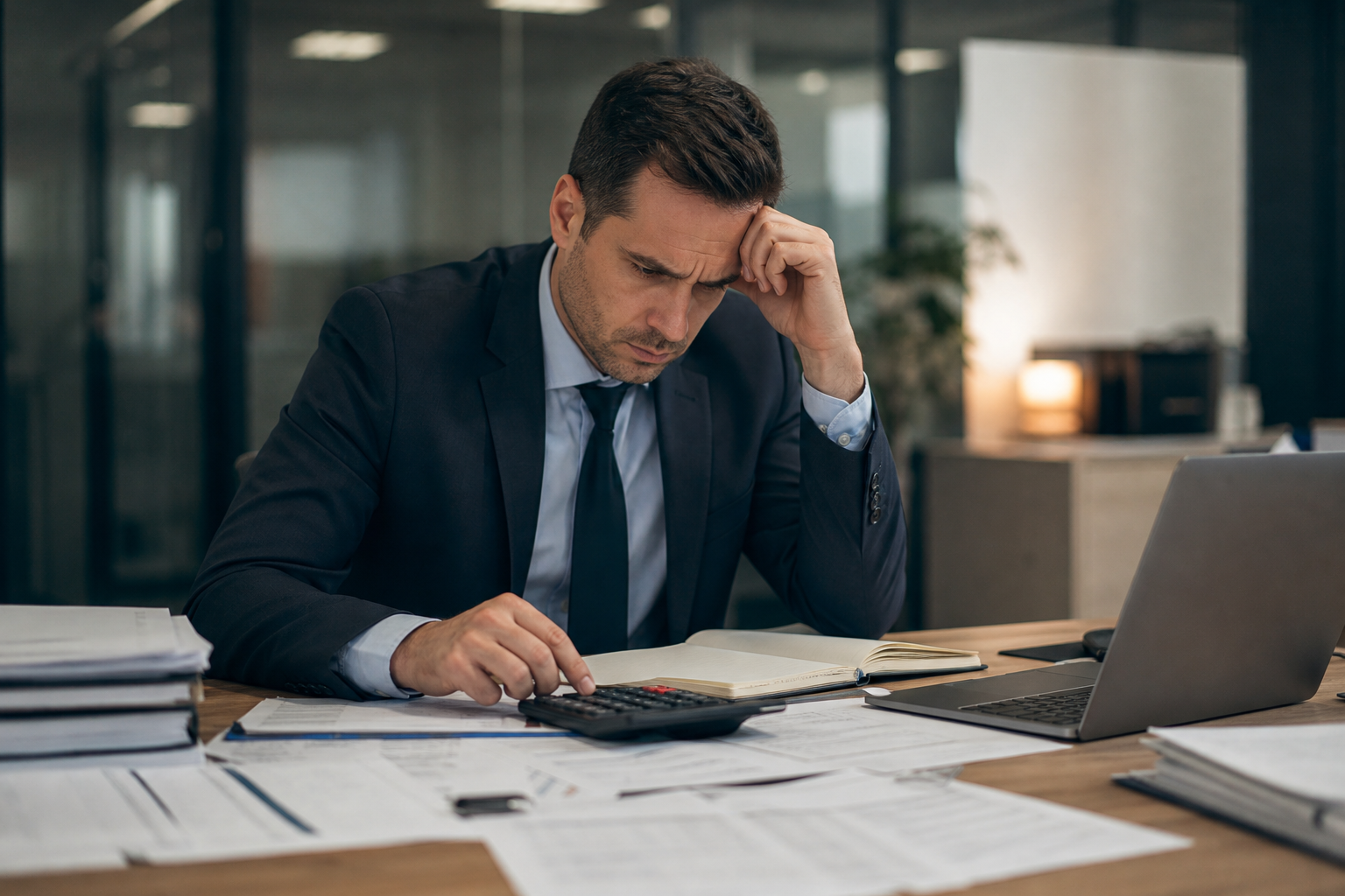 Stressed Finance Professional Doing Manual Calculations In Corporate Office