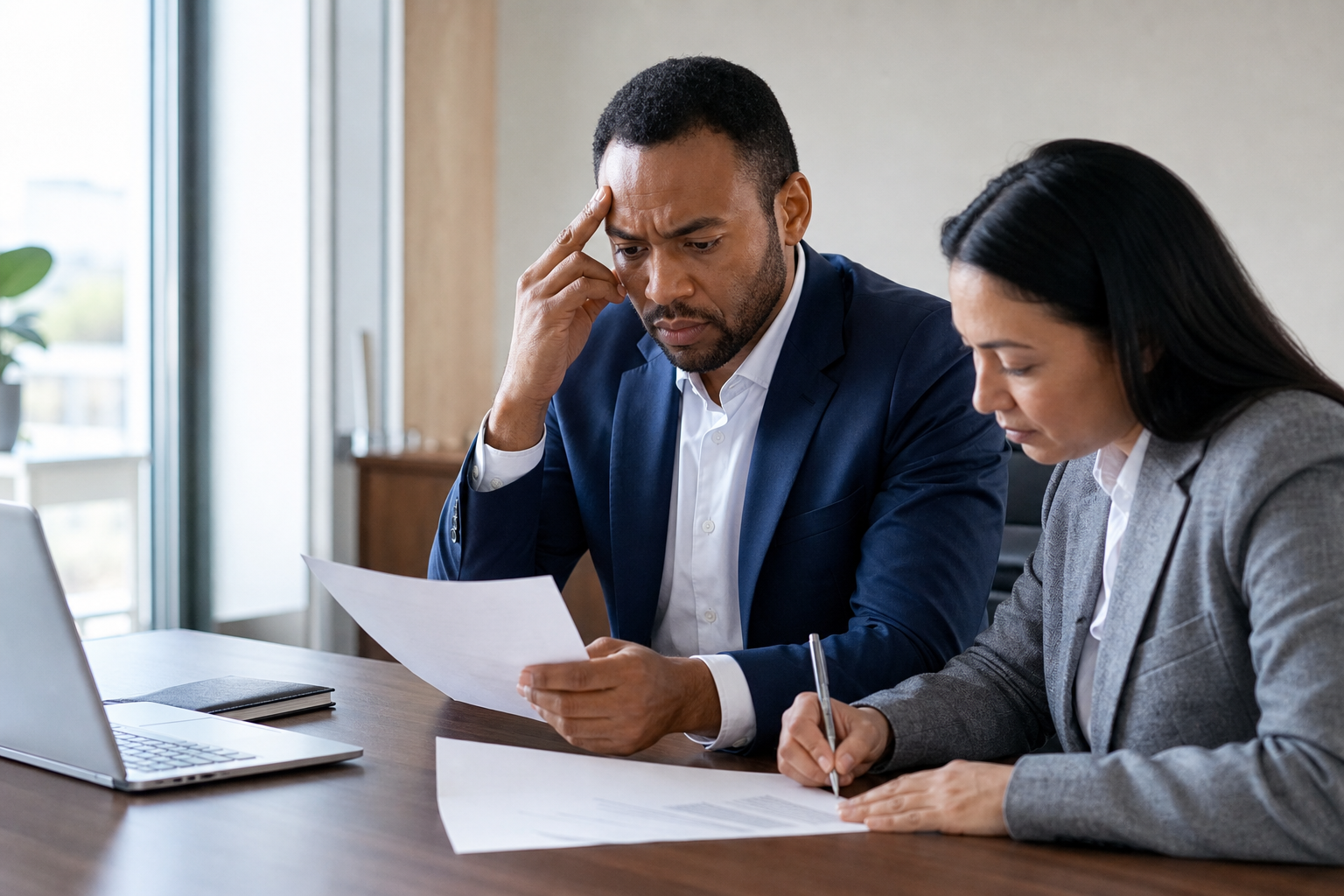Stressed IT Manager Reviewing Equipment Logs With Colleague