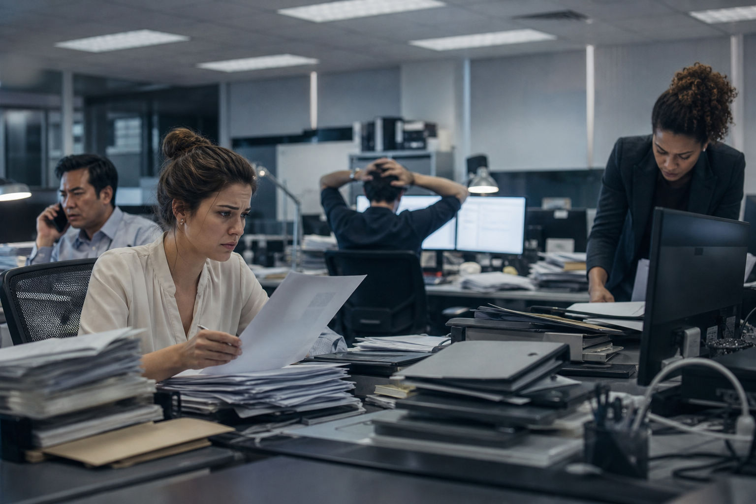 Stressed Team Handling Documents Stressfully