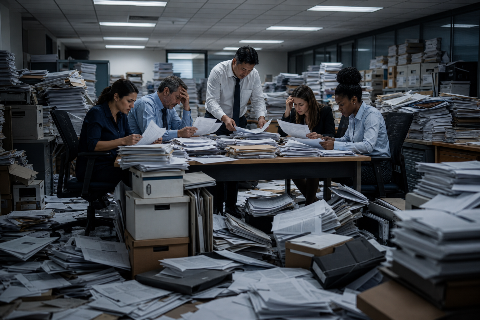 Stressed Worker Managing Complex Physical Documents in B2b Office