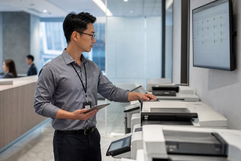 Tech Staff Monitoring Printers With Client Service Background