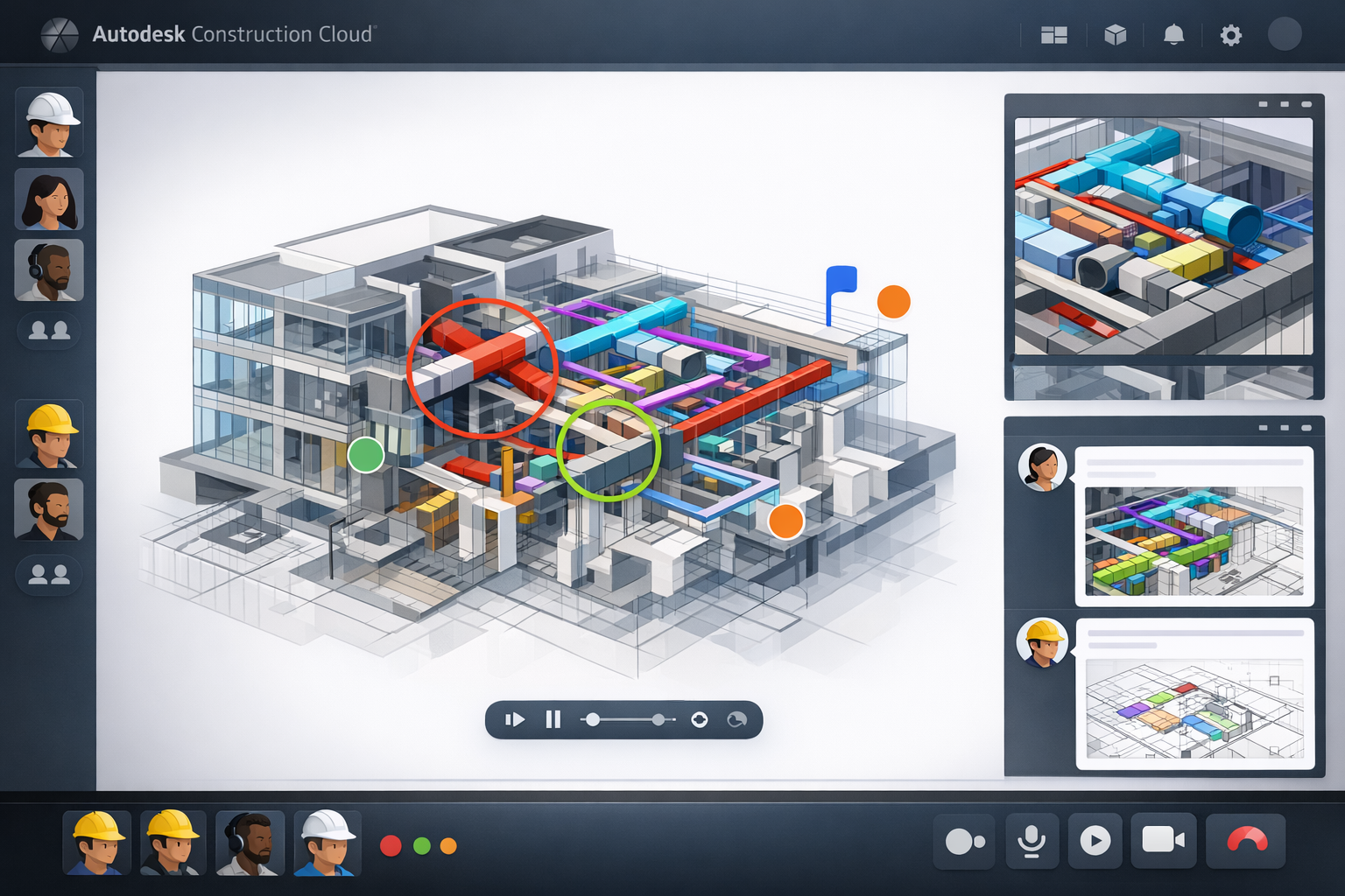 Interfaz limpia de Autodesk Construction Cloud mostrando coordinación BIM en tiempo real entre equipos de arquitectura e ingeniería